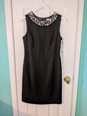 Calvin Klein Faux Pearl Trim Black Sheath Dress